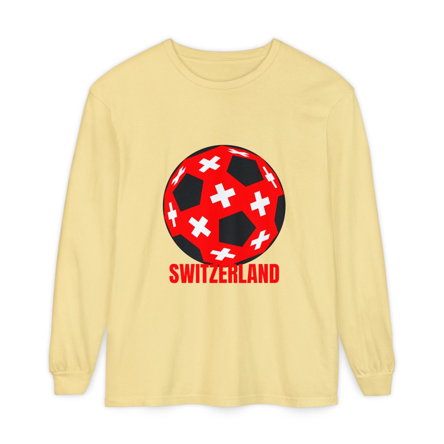 Switzerland Fan Specialty Soccer Ball Design T Shirt Long Sleeve Tee Red Text
