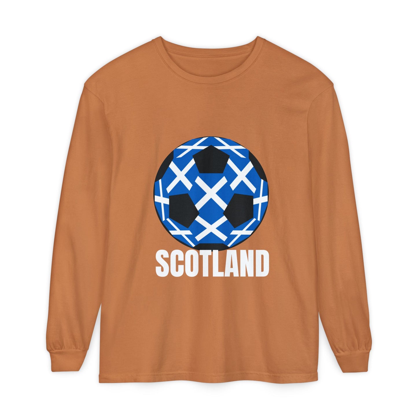 Scotland Fan Specialty Soccer Ball Design T Shirt Long Sleeve Tee White Text
