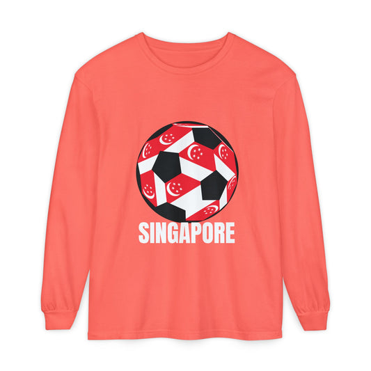 Singapore Fan Specialty Soccer Ball Design T ShirtLong Sleeve Tee White Text
