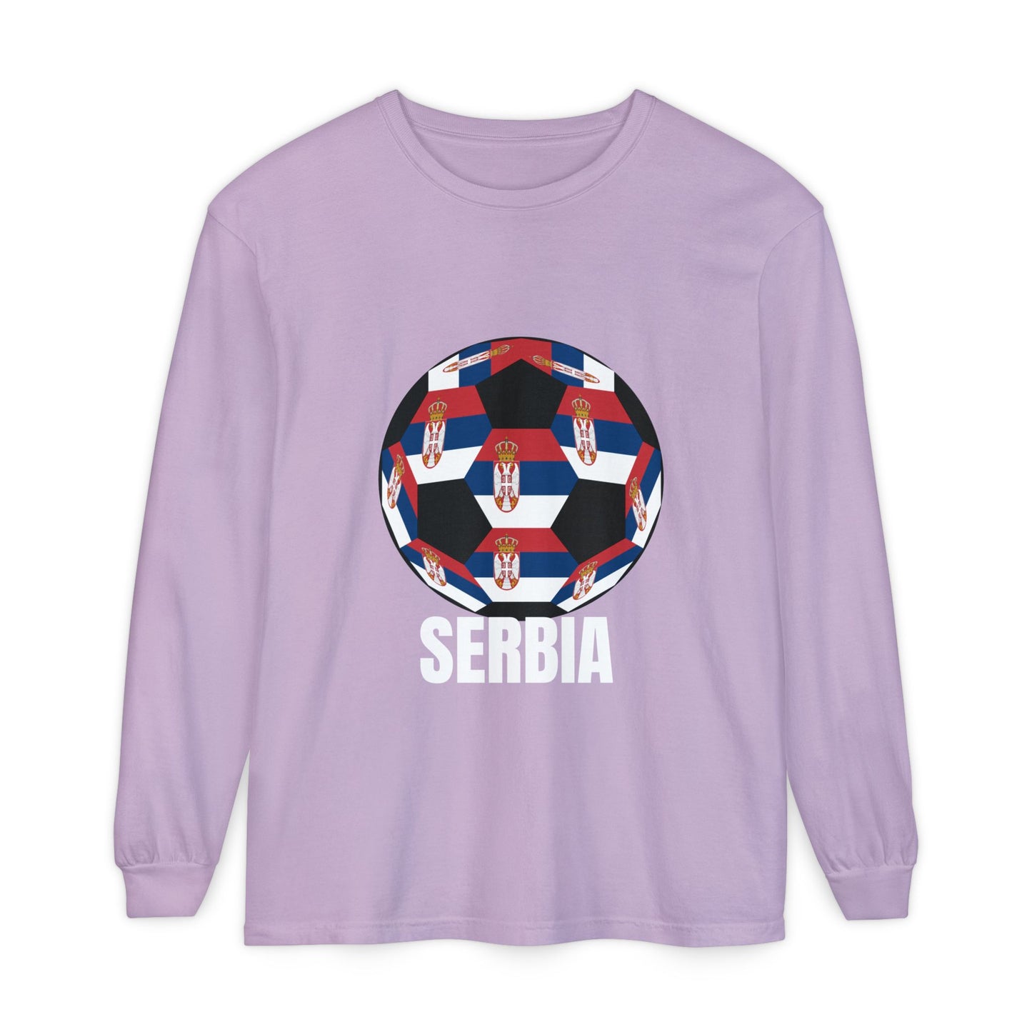 Serbia Fan Specialty Soccer Ball Design T Shirt Long Sleeve Tee White Text