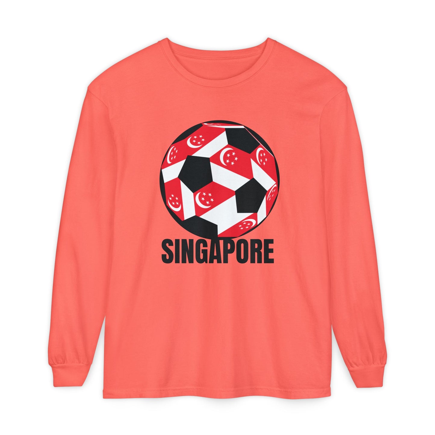 Singapore Fan Specialty Soccer Ball Design T Shirt Long Sleeve Tee Black Text