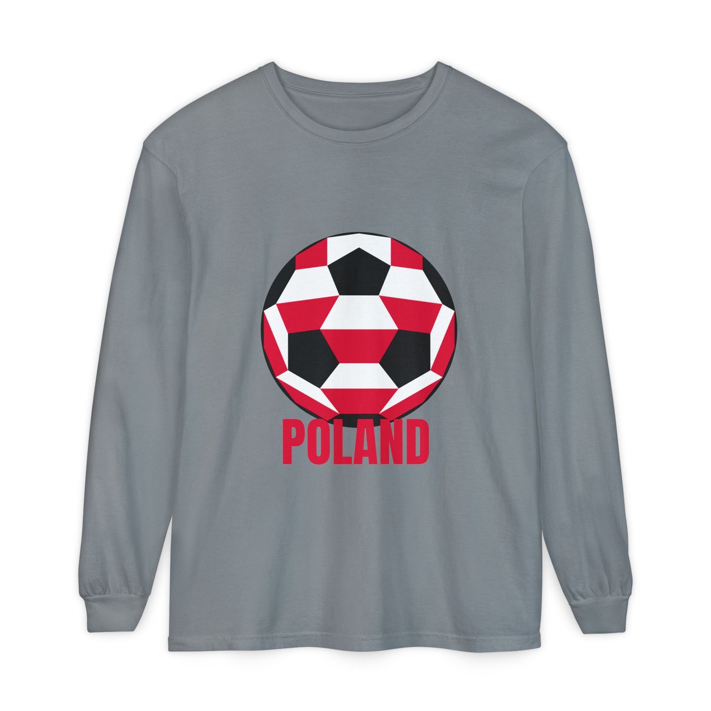 Poland Fan Specialty Soccer Ball Design T Shirt Long Sleeve T-Shirt Red Text