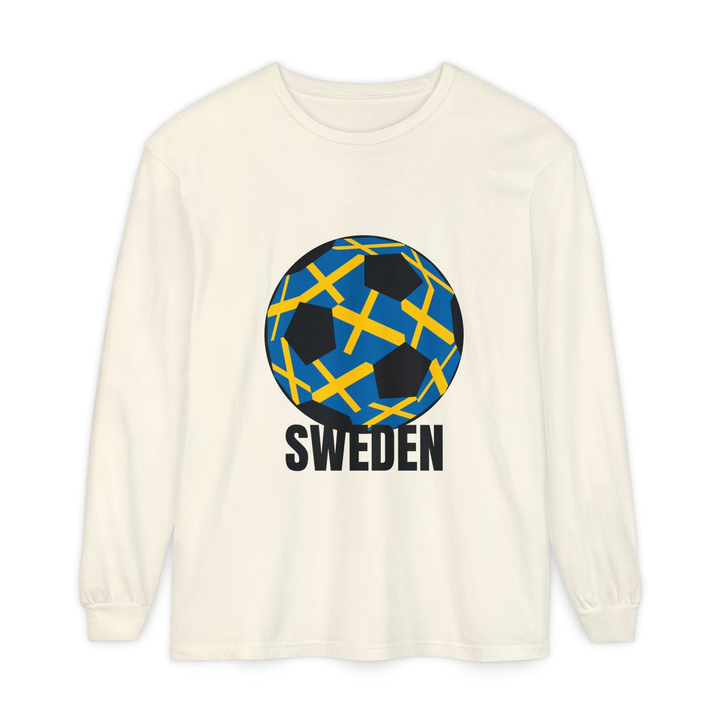 Sweden Fan Specialty Soccer Ball Design Long Sleeve Tee Black Text