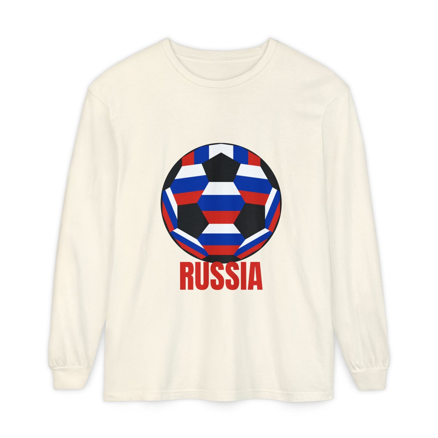 Russia Fan Specialty Soccer Ball Design T Shirt Long Sleeve T-Shirt Red Text