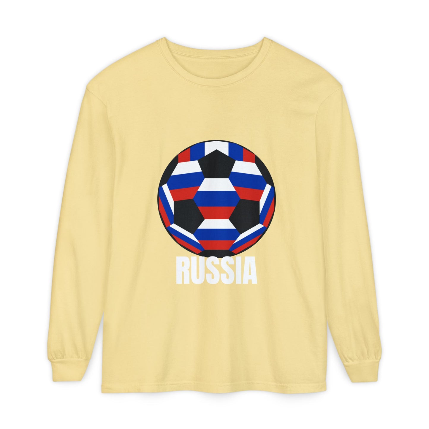 Russia Fan Specialty Soccer Ball Design  Long Sleeve Tee  White Text
