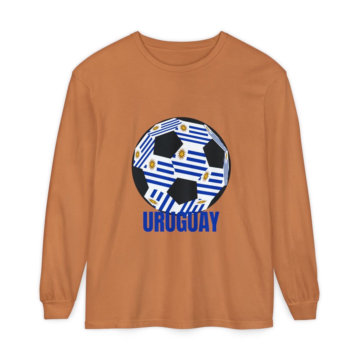 Uruguay Fan Specialty Soccer Ball Design Long Sleeve T-Shirt Blue Text