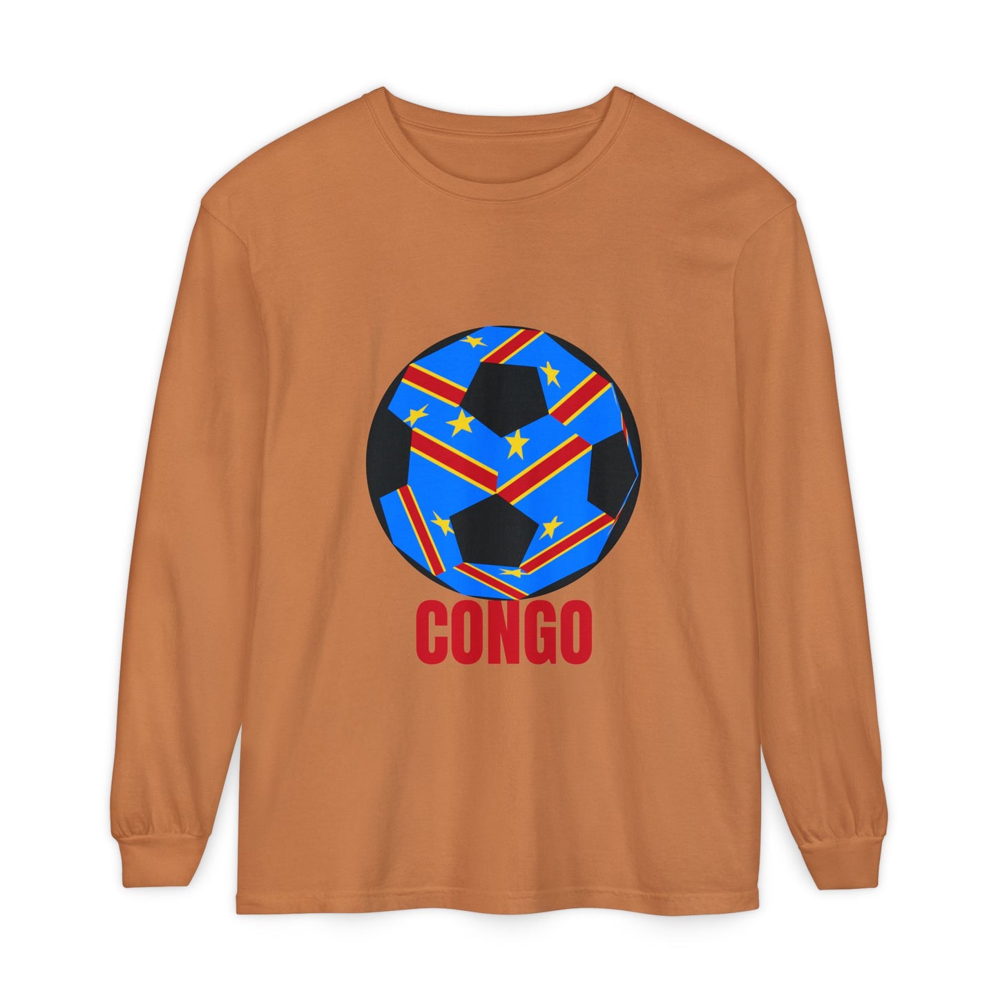 Congo Fan Specialty Soccer Ball Design T Shirt Long Sleeve Tee Red Text