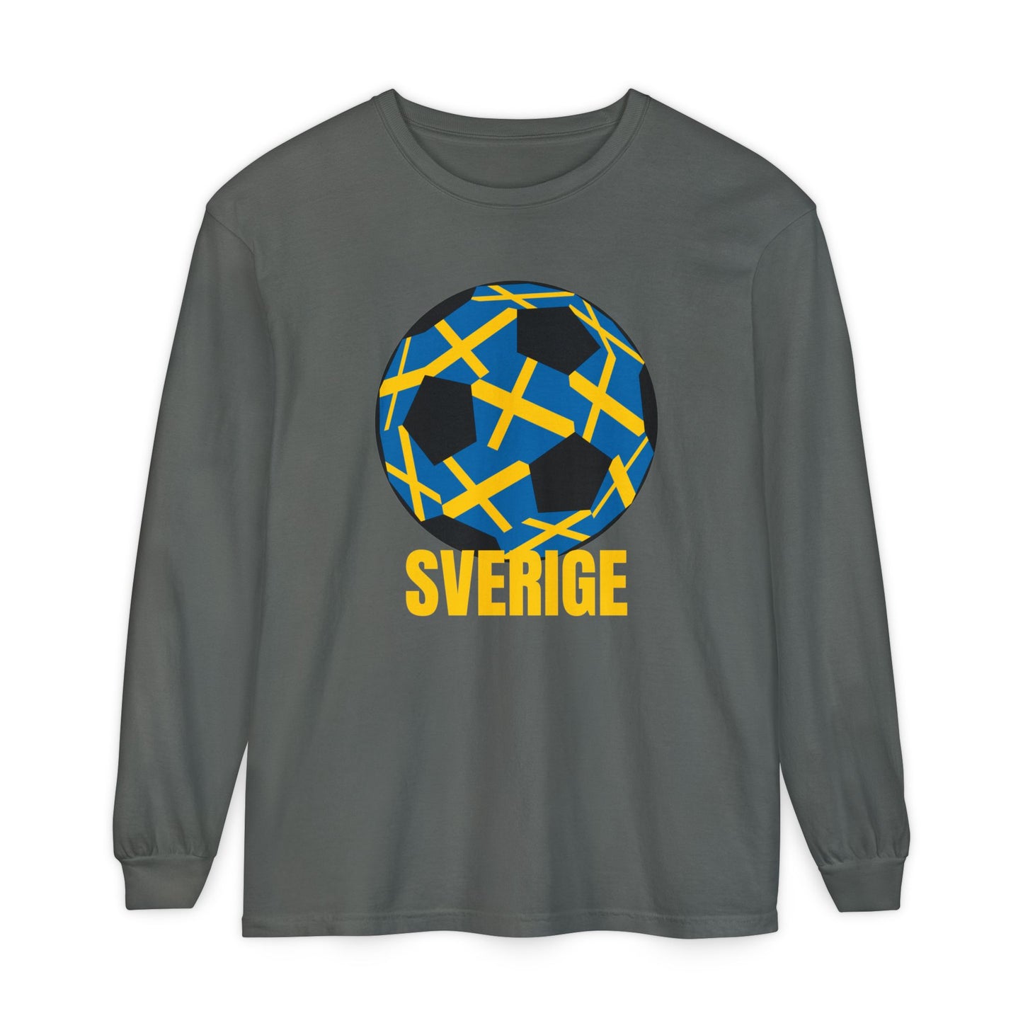 Sverige Fan Specialty Soccer Ball Design T Shirt Gold Text