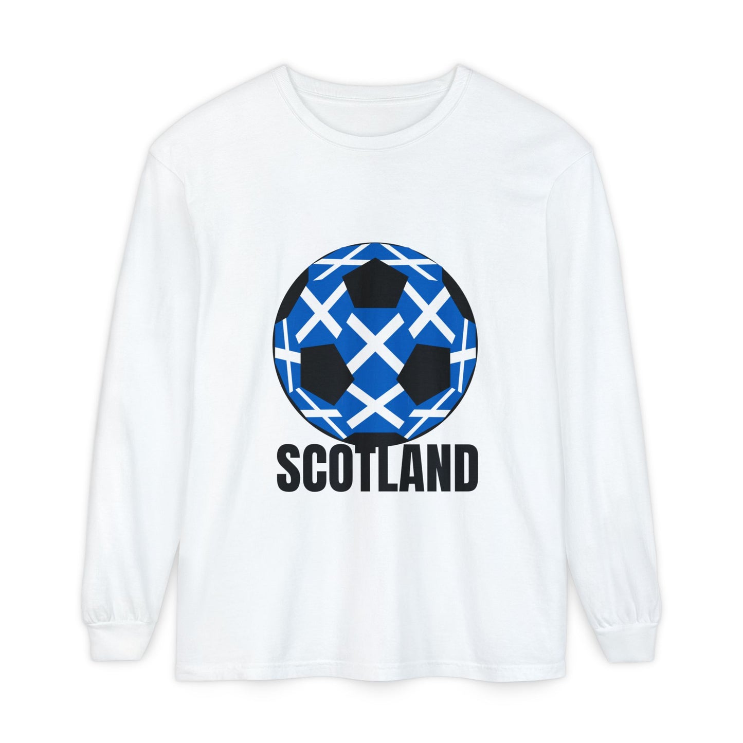 Scotland Fan Specialty Soccer Ball Design T Shirt Long Sleeve Tee Black Text