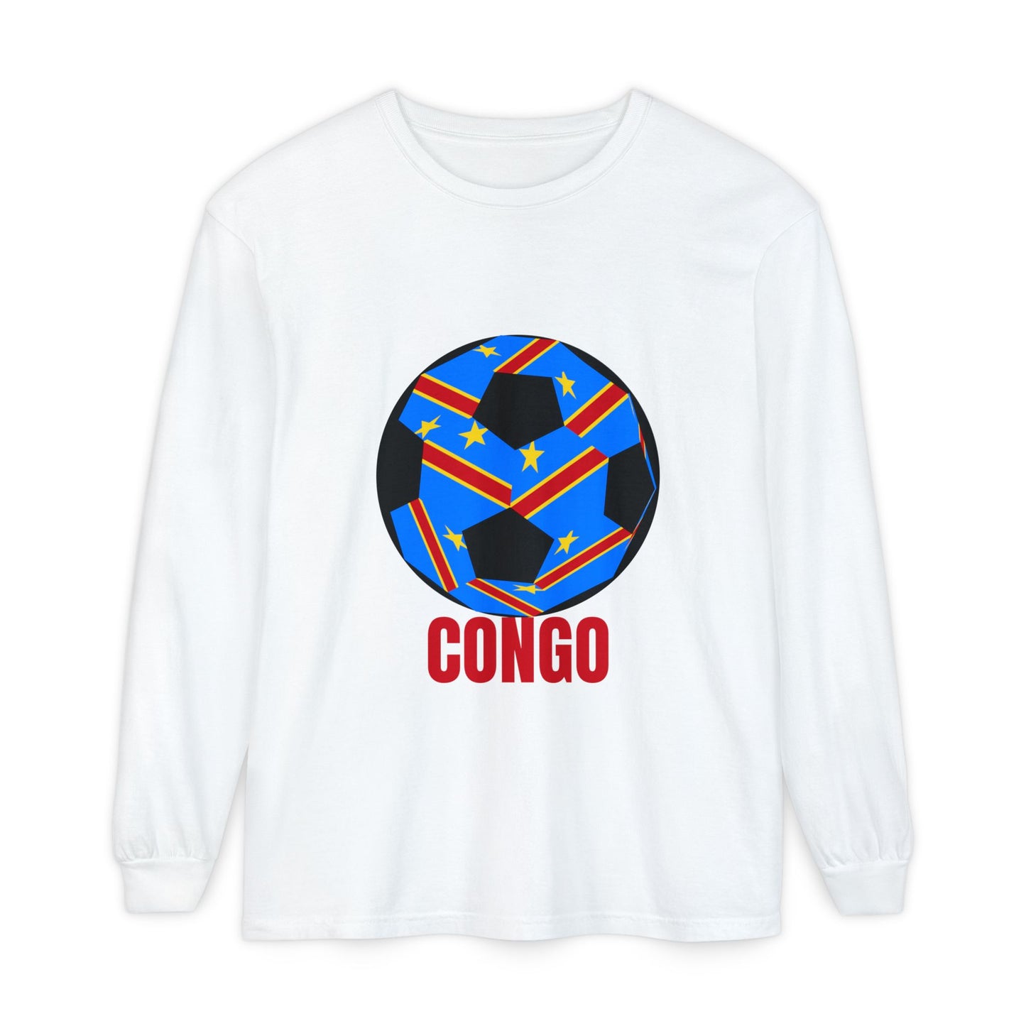 Congo Fan Specialty Soccer Ball Design T Shirt Long Sleeve Tee Red Text
