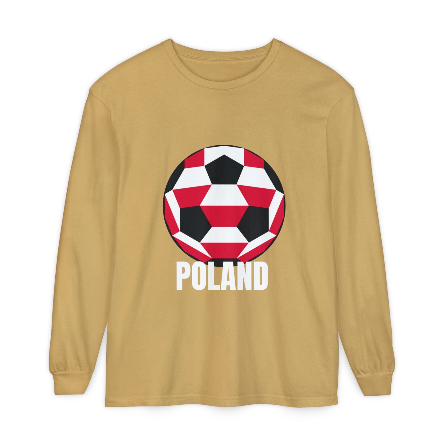Poland Fan Specialty Soccer Ball Design T Shirt Long Sleeve Tee White Text
