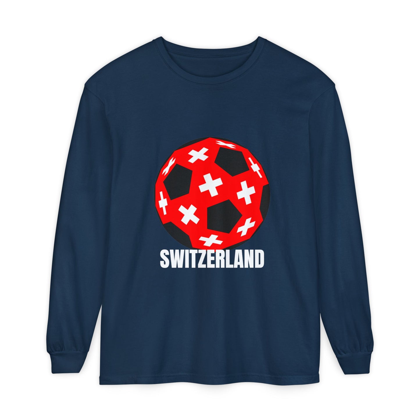 Switzerland Fan Specialty Soccer Ball Design T Shirt Long Sleeve Tee White Text