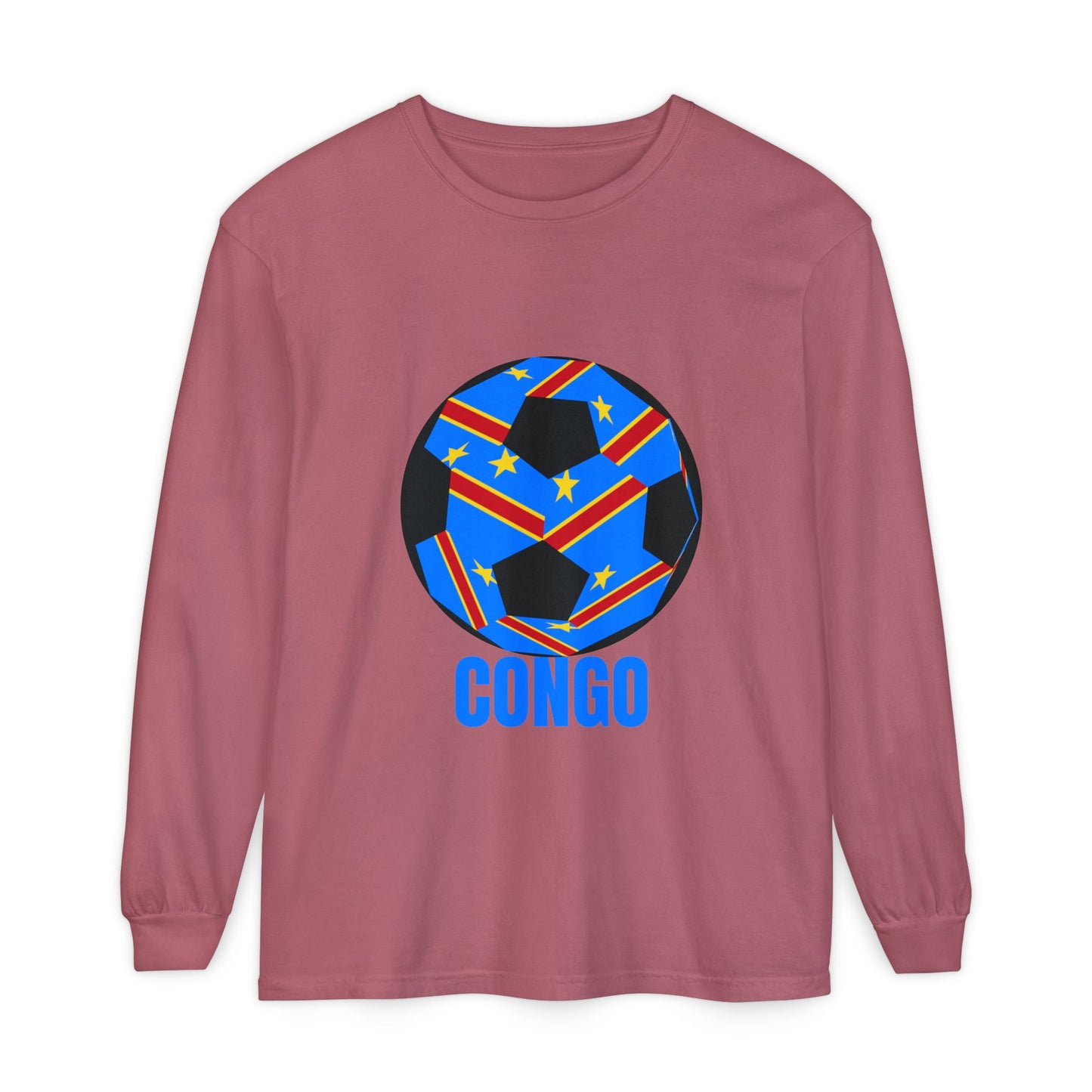 Congo Fan Specialty Soccer Ball Design T Shirt Long Sleeve Tee Blue Text