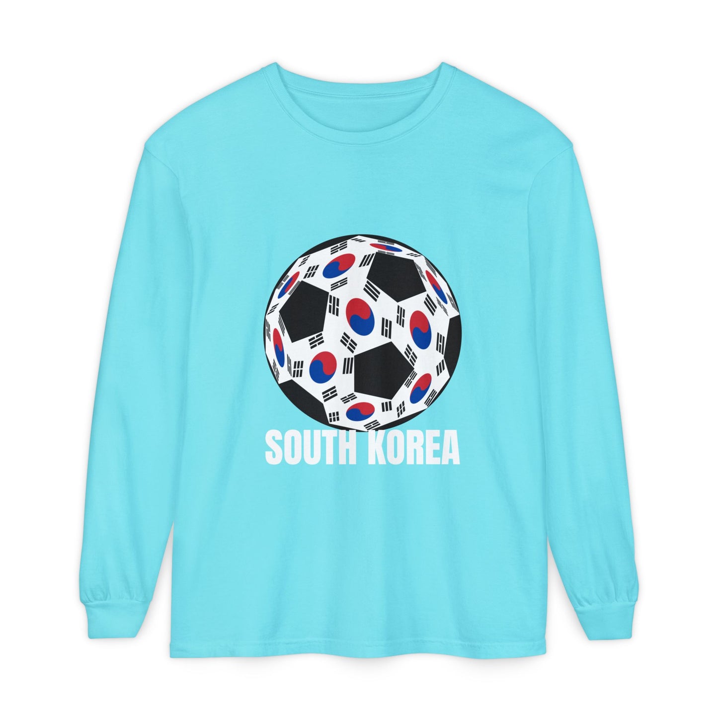 South Korea Fan Specialty Soccer Ball Design T Shirt Long Sleeve Tee White Text