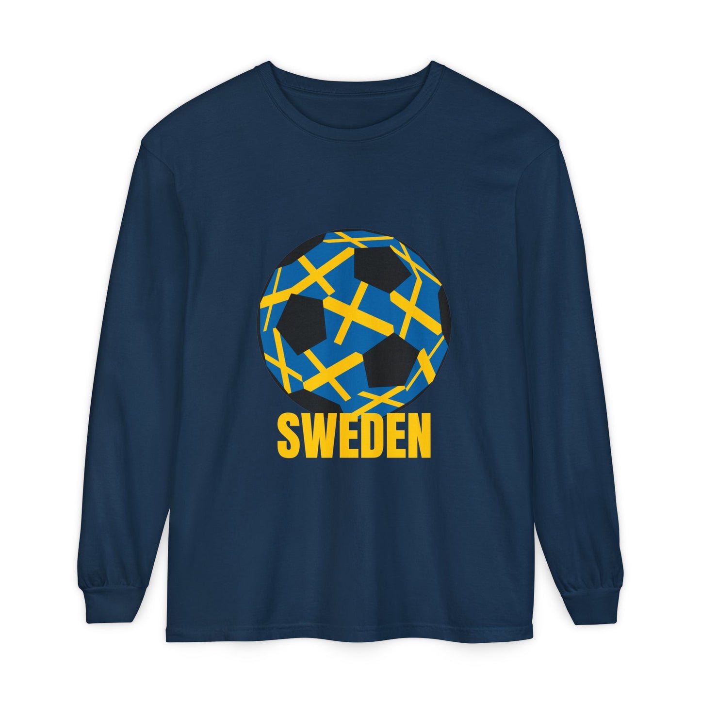 Sweden Fan Specialty Soccer Ball Design T Shirt  Long Sleeve Tee Gold Text
