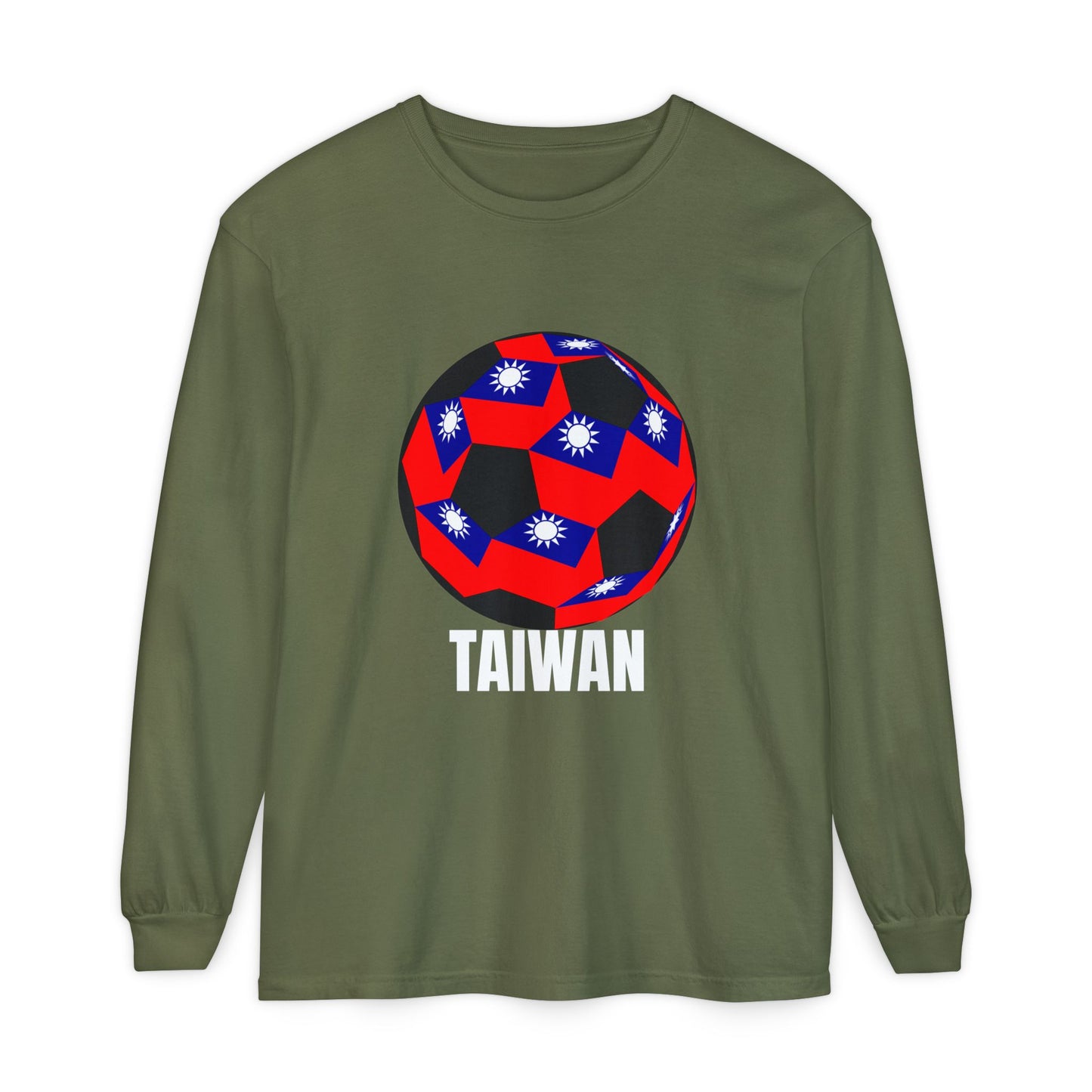 Taiwan Fan Specialty Soccer Ball Design T Shirt Long Sleeve White Text