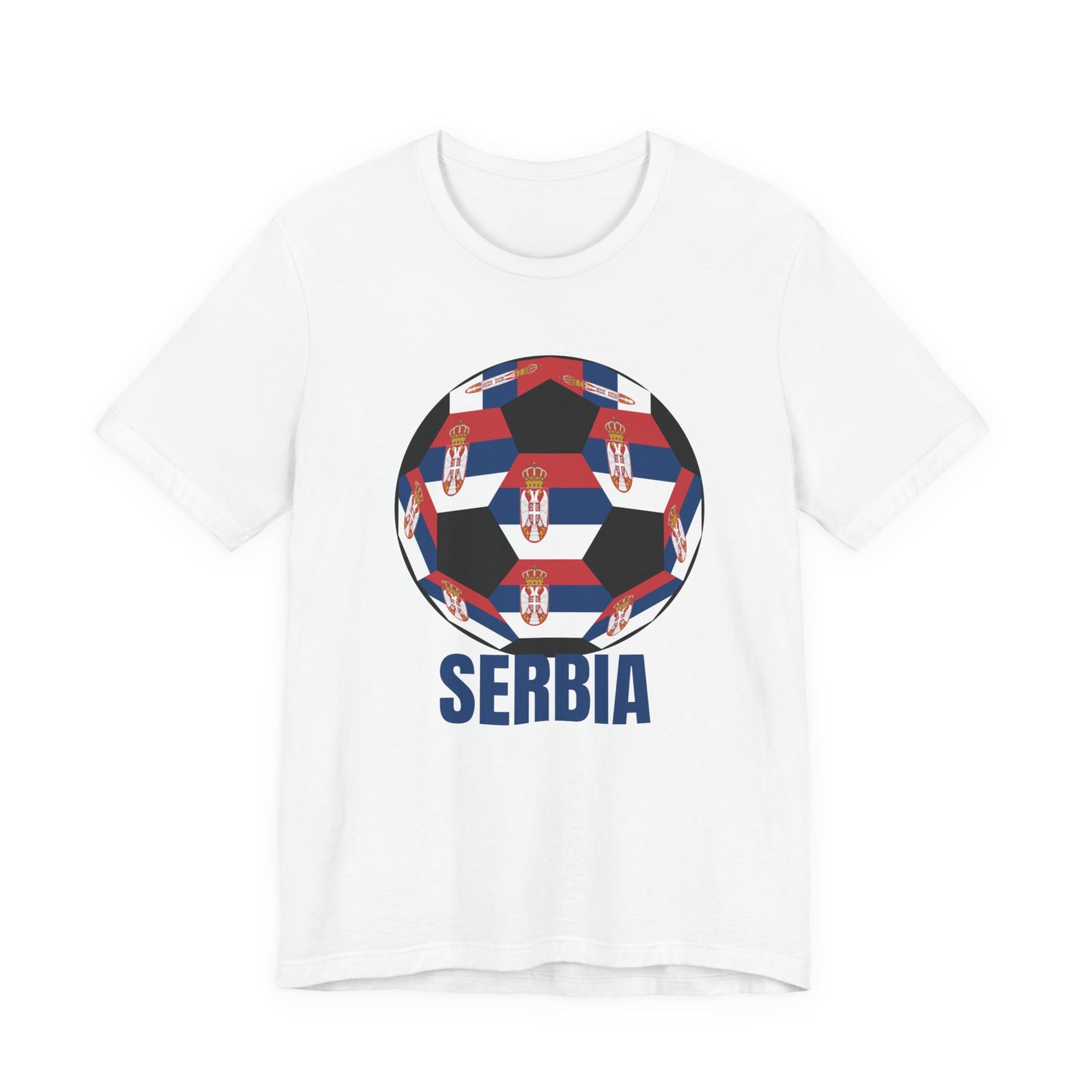 Serbia Fan Specialty Soccer Ball Design T Shirt Blue Text