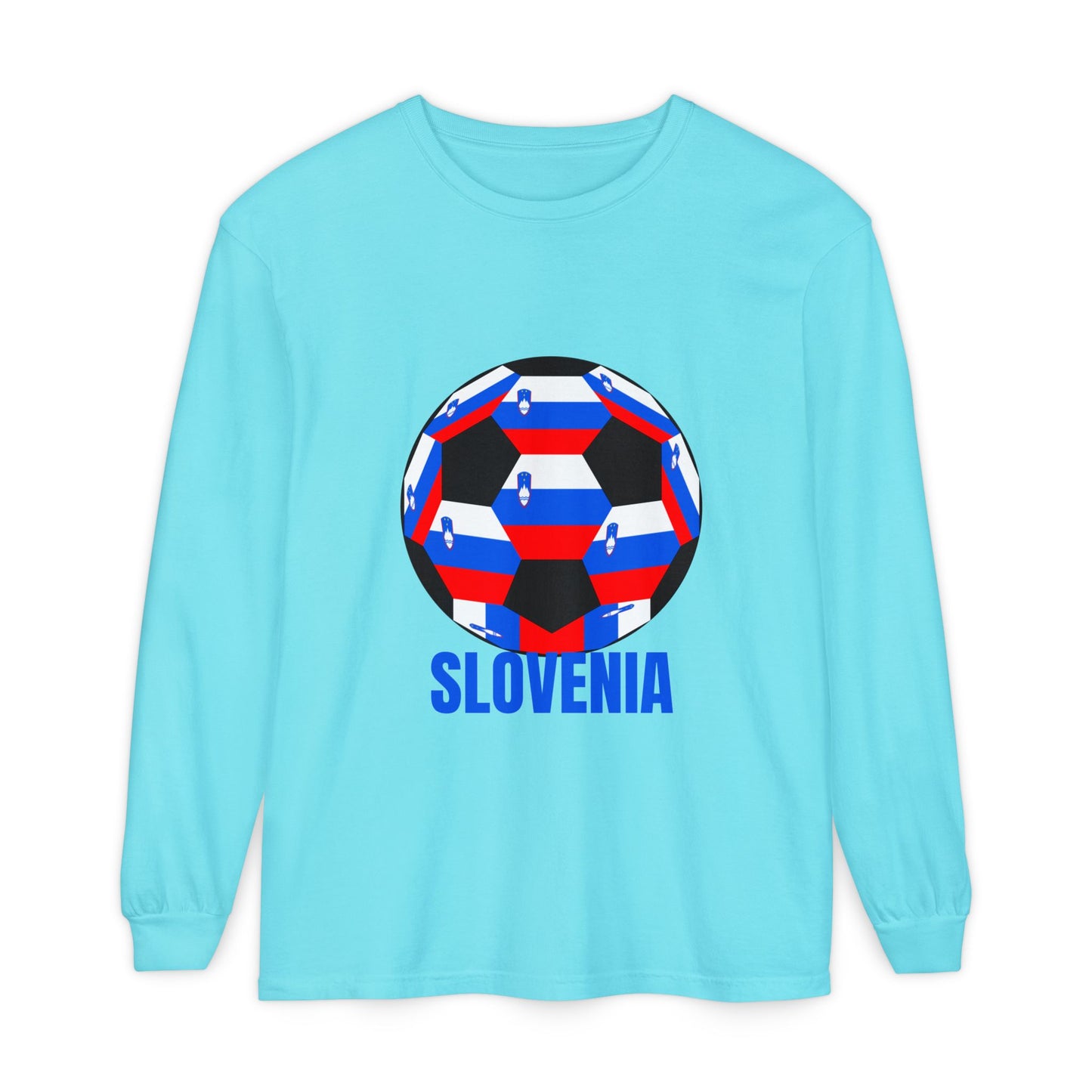 Slovenia Fan Specialty Soccer Ball Design Long Sleeve T-Shirt Blue Text
