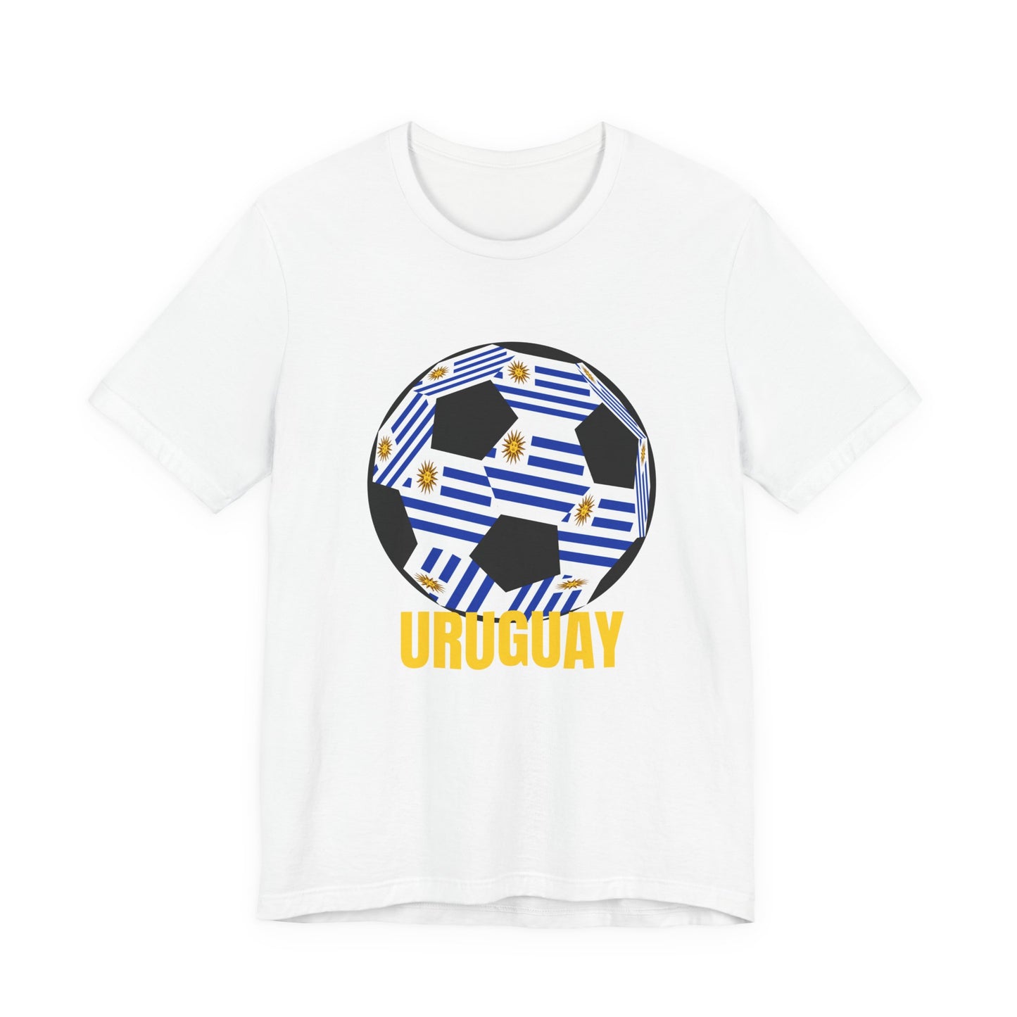 Uruguay Fan Specialty Soccer Ball Design T Shirt Gold Text