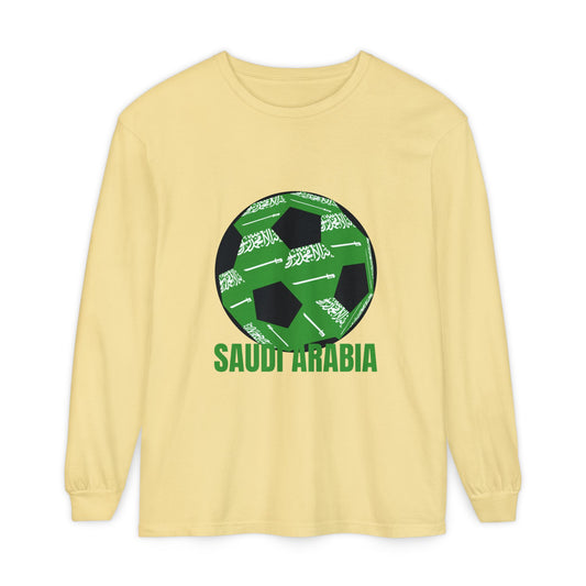 Saudi Arabia Fan Specialty Soccer Ball Design T Shirt Long Sleeve Tee Green Text