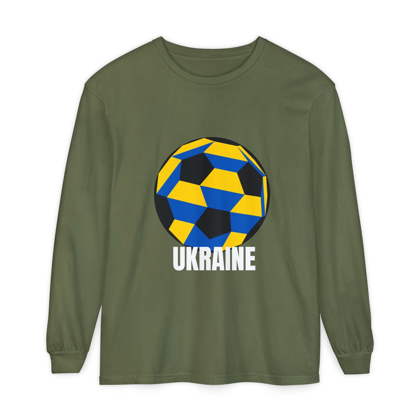 Ukraine Fan Specialty Soccer Ball Design Long Sleeve Tee White Text