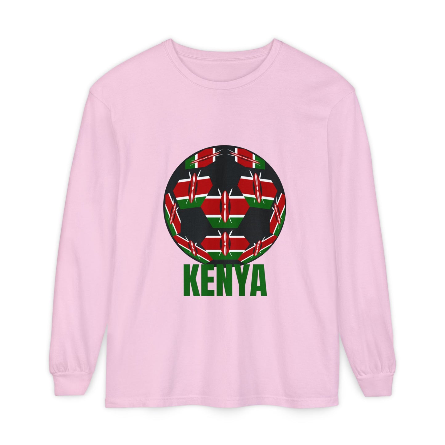 Kenya Fan Specialty Soccer Ball Design T Shirt Long Sleeve Tee Green Text