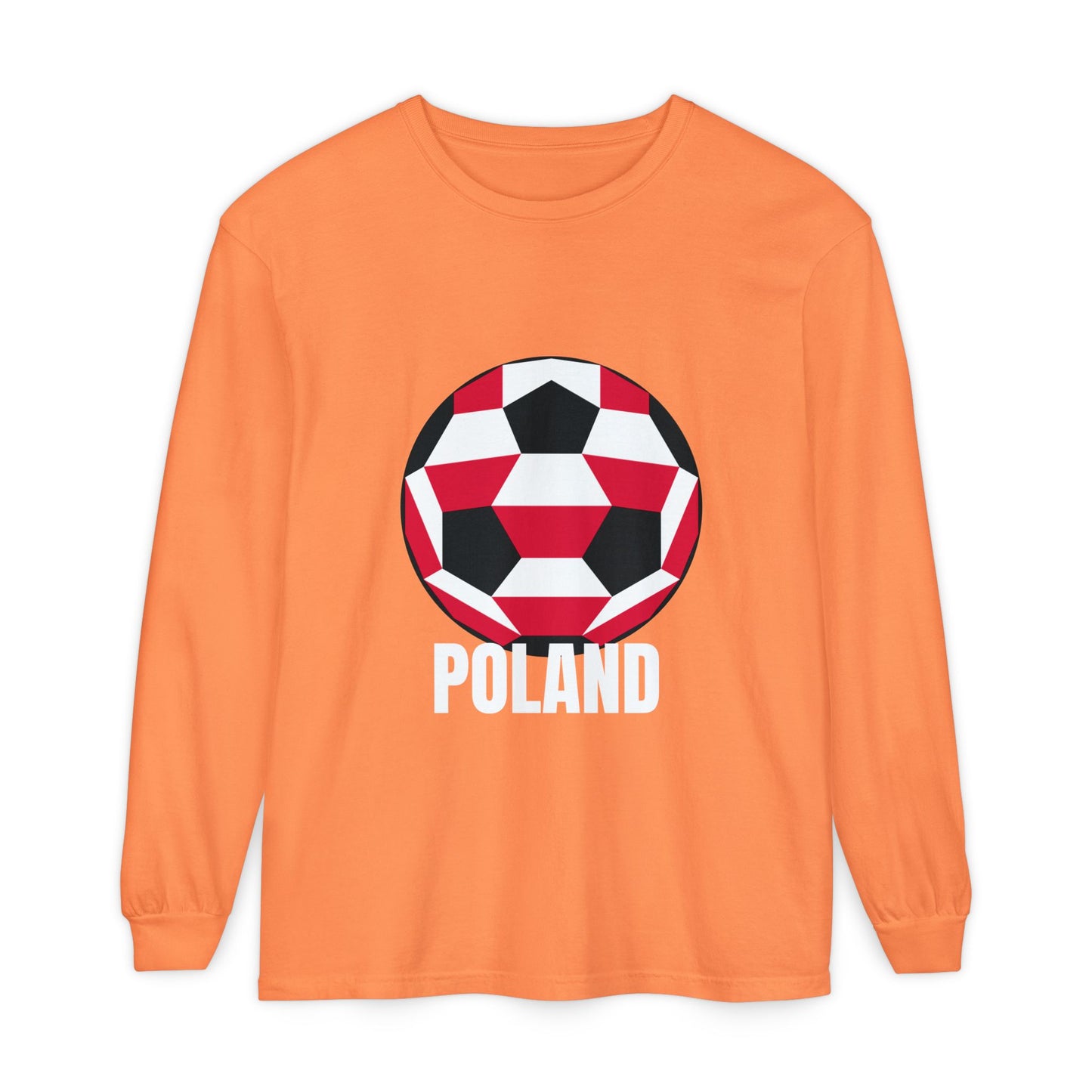 Poland Fan Specialty Soccer Ball Design T Shirt Long Sleeve Tee White Text