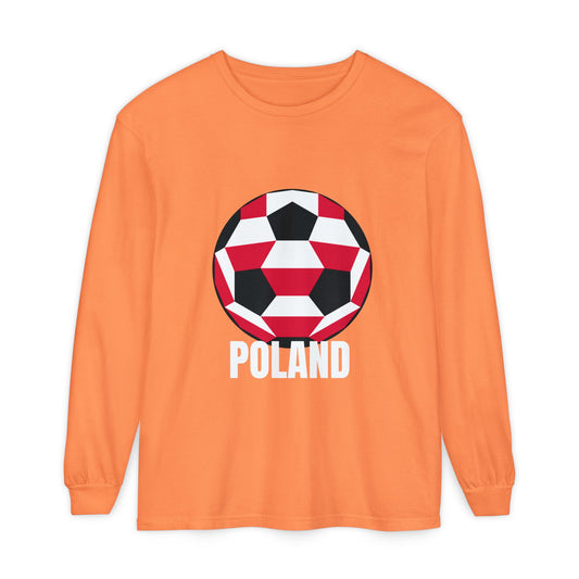 Poland Fan Specialty Soccer Ball Design T Shirt Long Sleeve Tee White Text