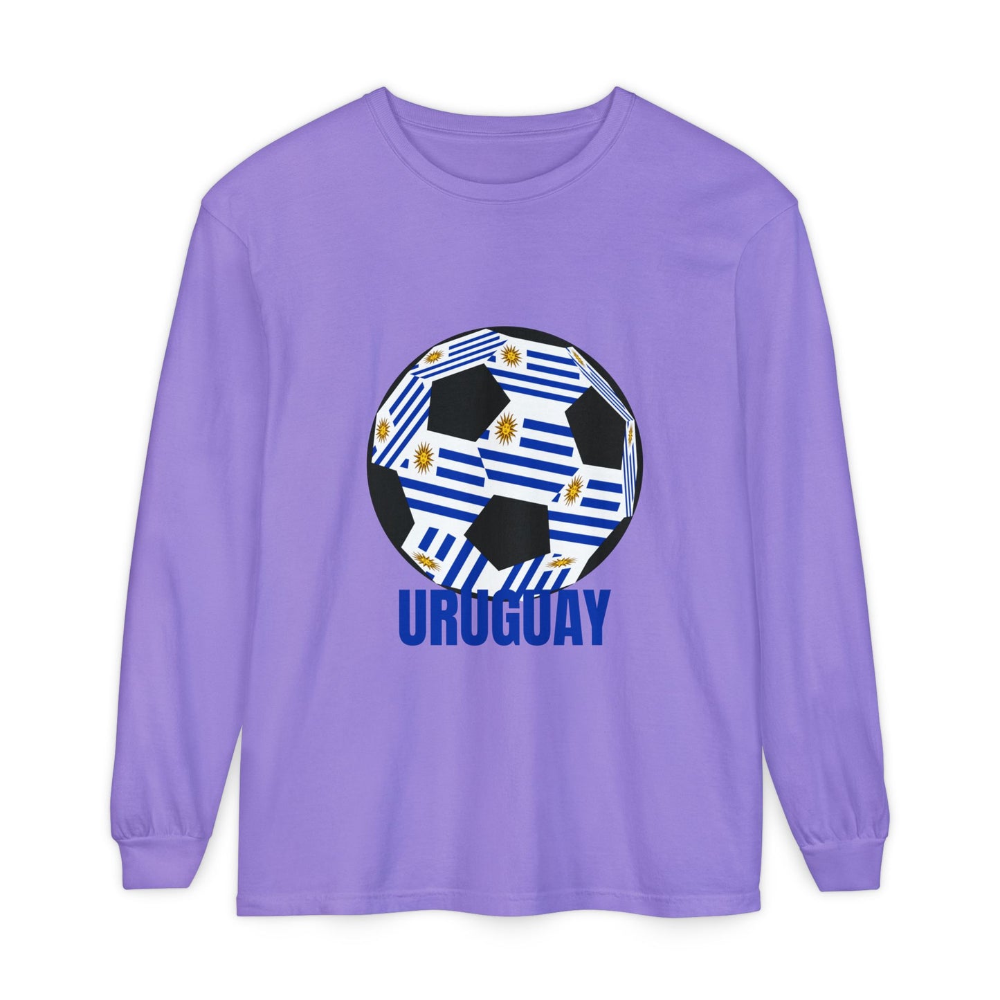Uruguay Fan Specialty Soccer Ball Design Long Sleeve T-Shirt Blue Text