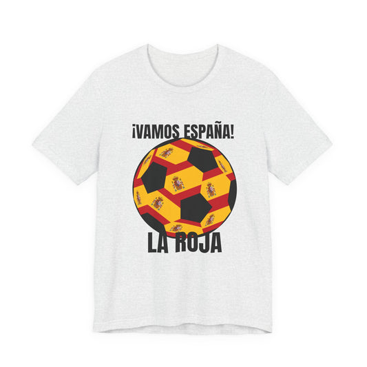 "¡Vamos España! La Roja" Soccer Ball Design T Shirt Black Text
