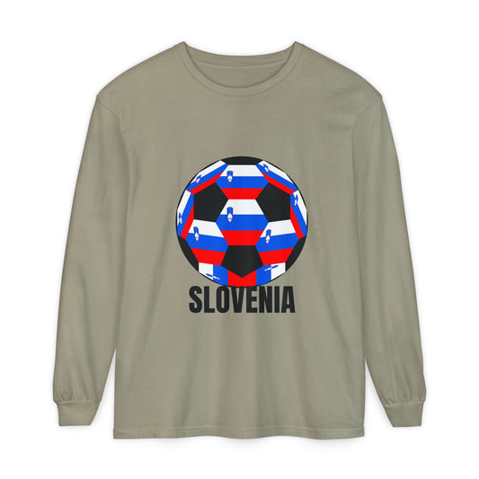 Slovenia Fan Specialty Soccer Ball Design Long Sleeve Tee Black Text