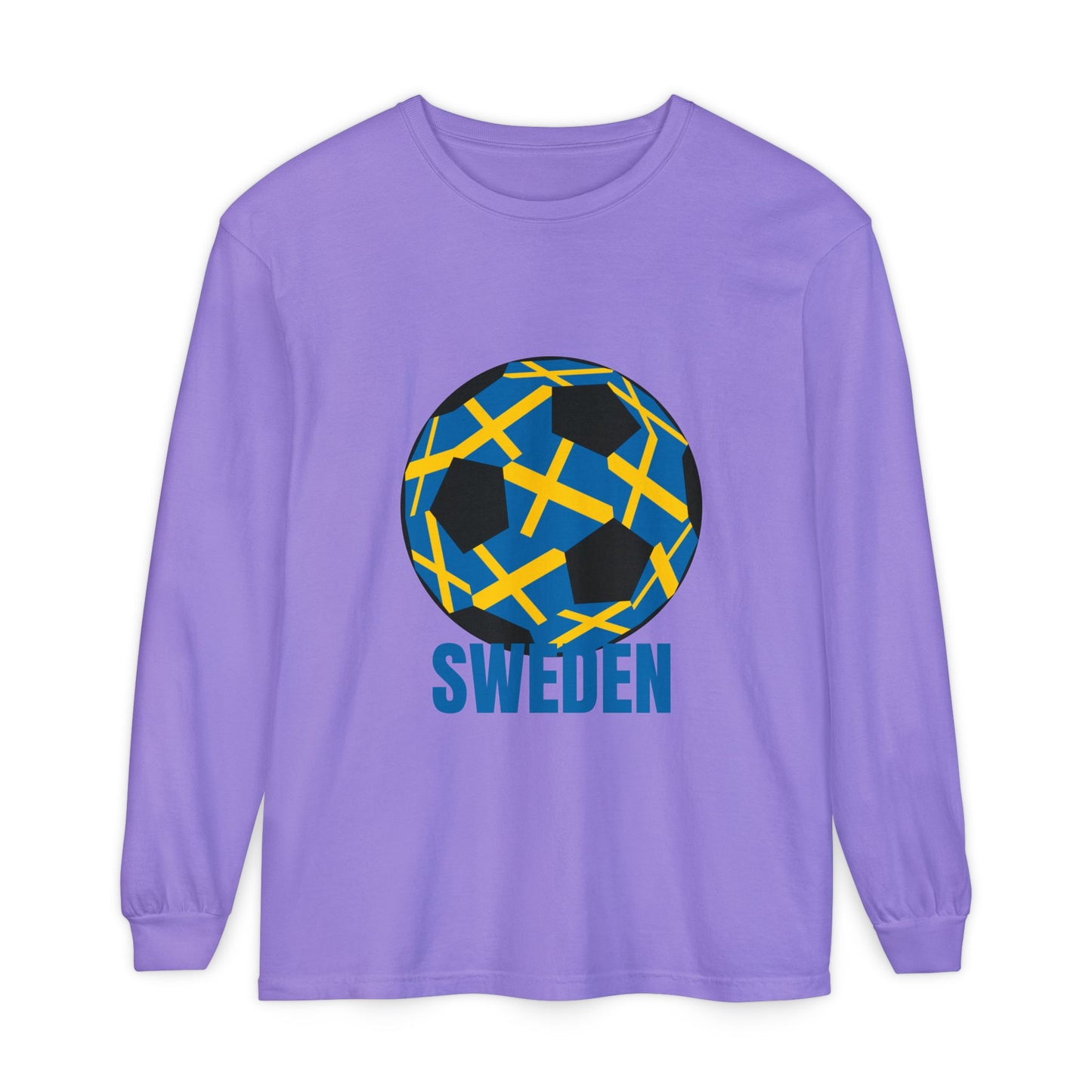 Sweden Fan Specialty Soccer Ball Design Long Sleeve Tee Blue Text