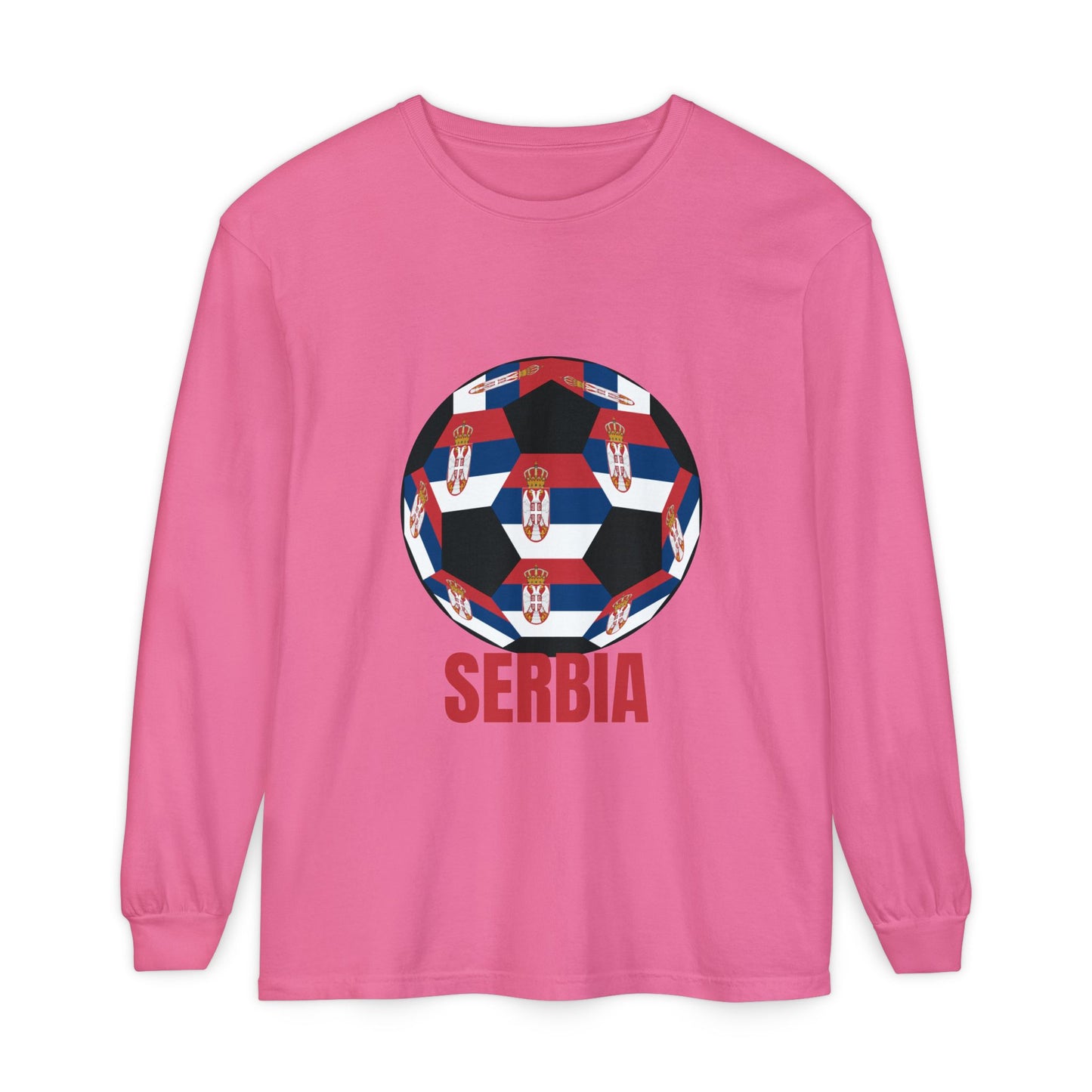 Serbia Fan Specialty Soccer Ball Design T Shirt Long Sleeve Tee Red Text