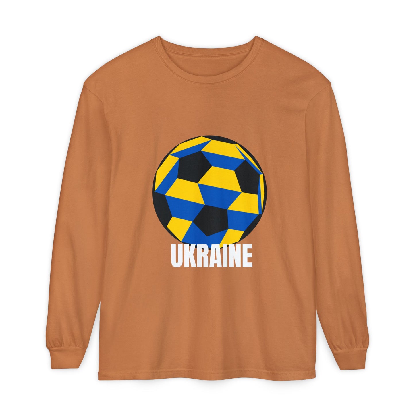 Ukraine Fan Specialty Soccer Ball Design Long Sleeve Tee White Text