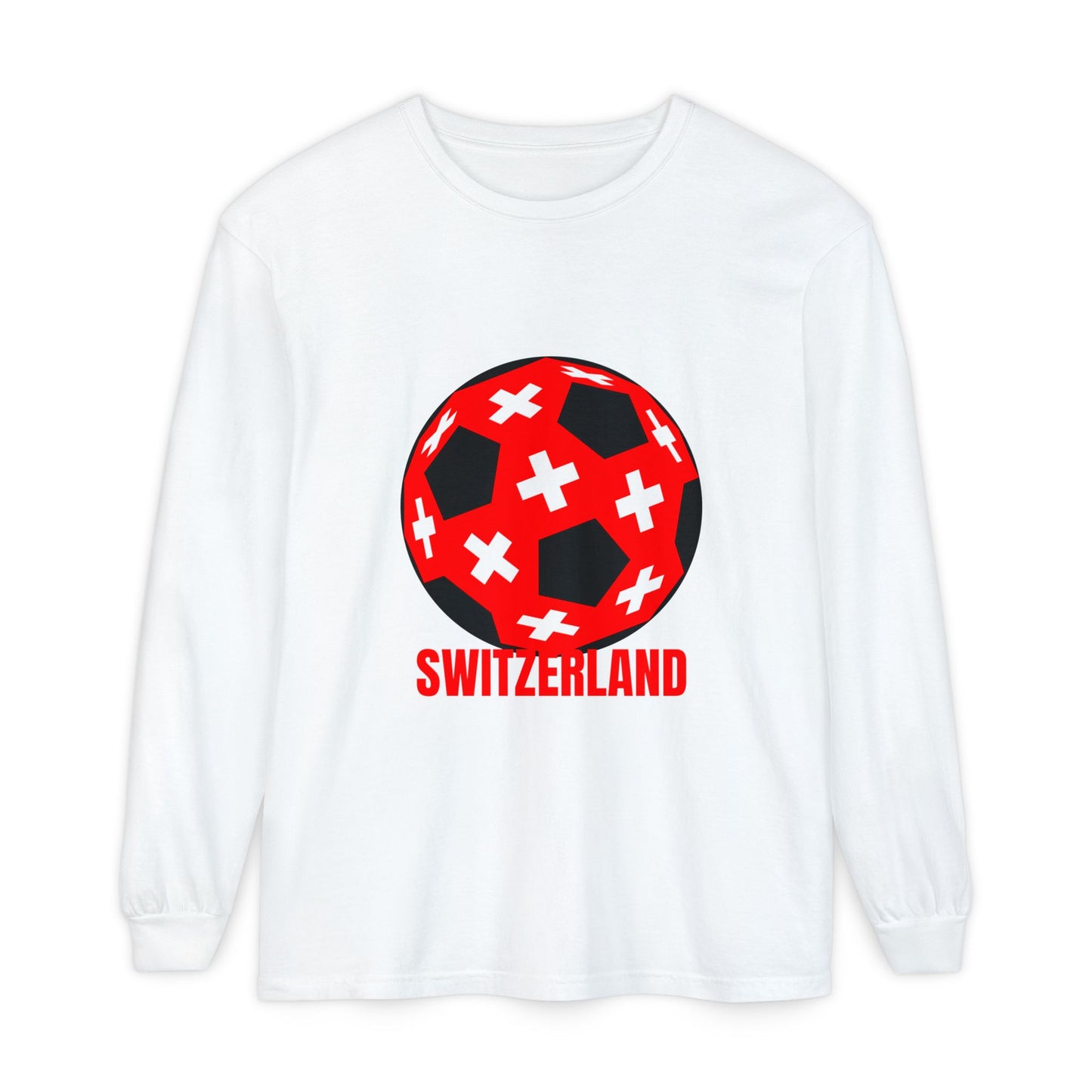 Switzerland Fan Specialty Soccer Ball Design T Shirt Long Sleeve Tee Red Text