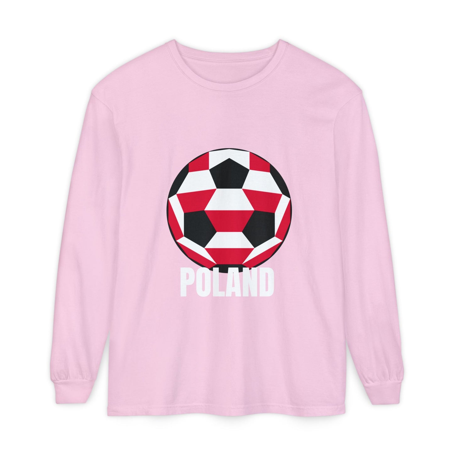 Poland Fan Specialty Soccer Ball Design T Shirt Long Sleeve Tee White Text