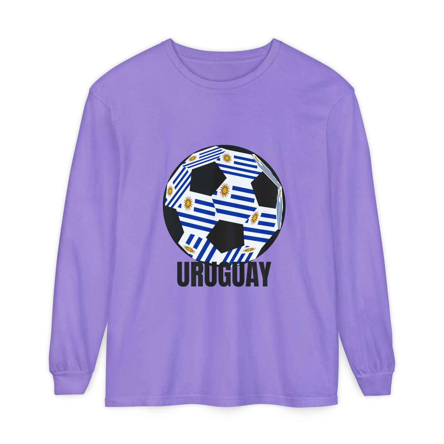 Uruguay Fan Specialty Soccer Ball Design Long Sleeve T-Shirt Black Text