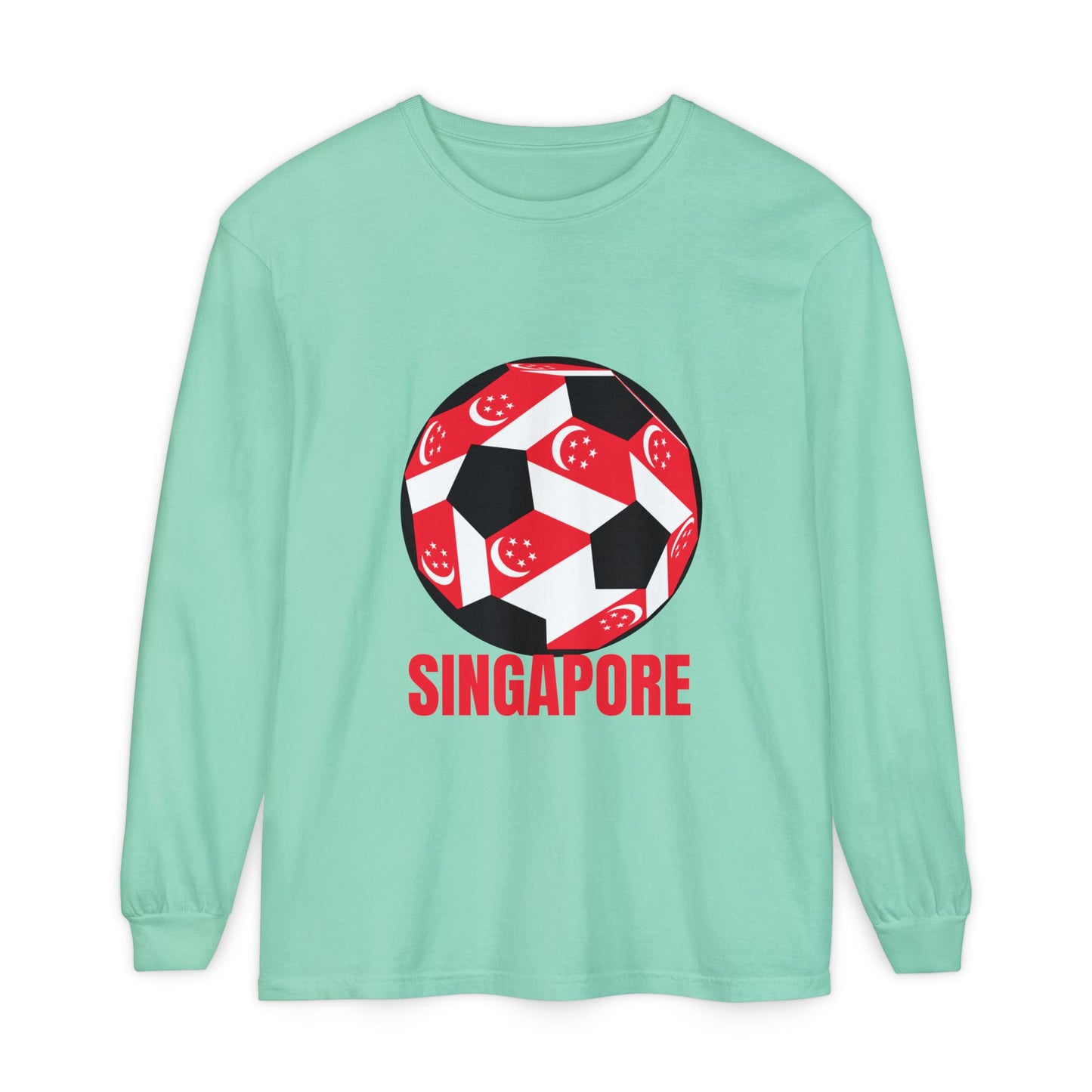Singapore Fan Specialty Soccer Ball Design T ShirtLong Sleeve Tee Red Text