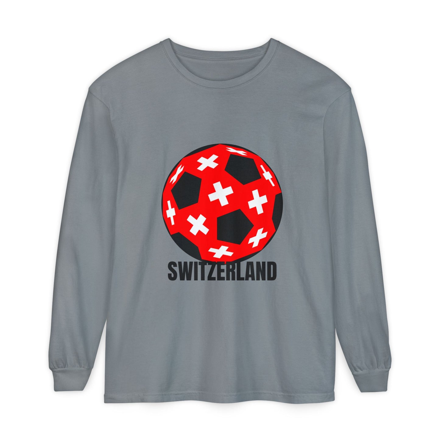 Switzerland Fan Specialty Soccer Ball Design T Shirt Long Sleeve Tee Black Text