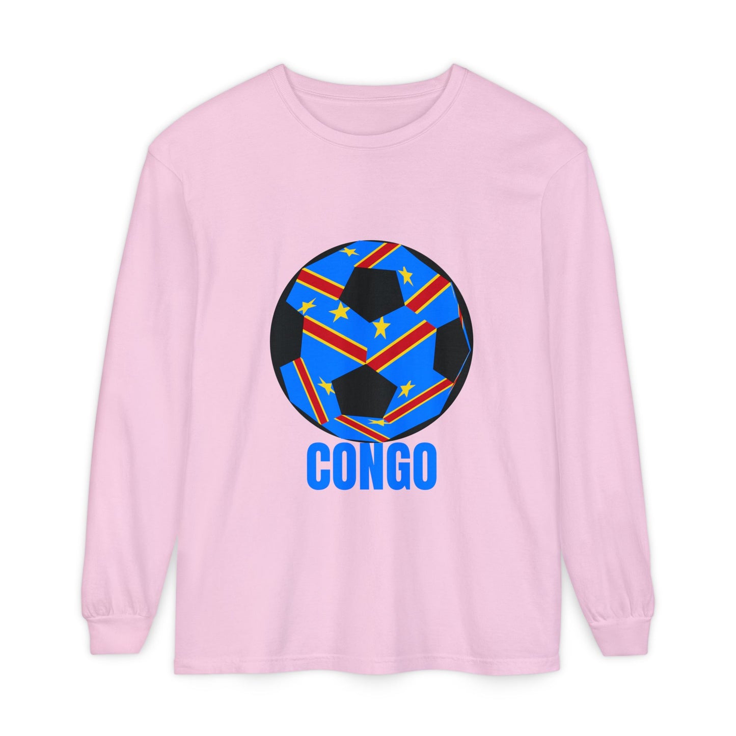 Congo Fan Specialty Soccer Ball Design T Shirt Long Sleeve Tee Blue Text