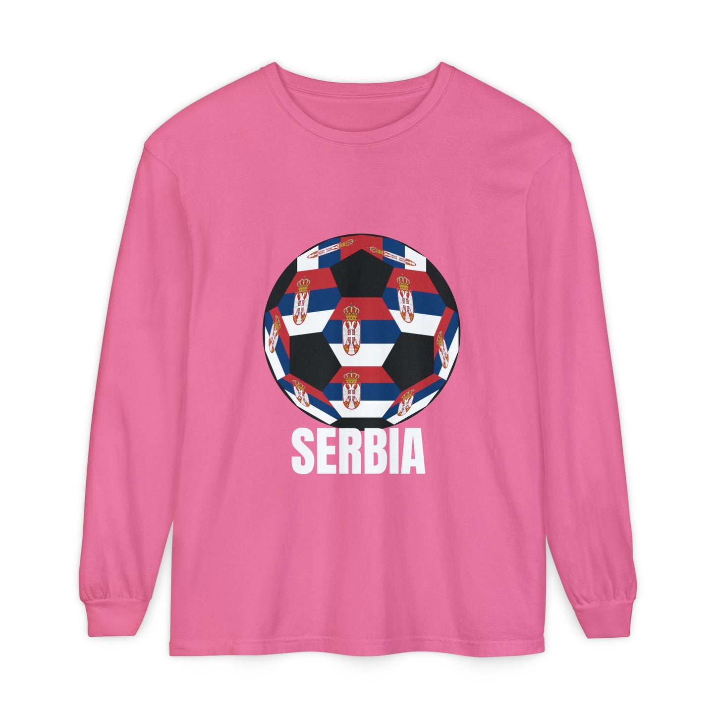 Serbia Fan Specialty Soccer Ball Design T Shirt Long Sleeve Tee White Text