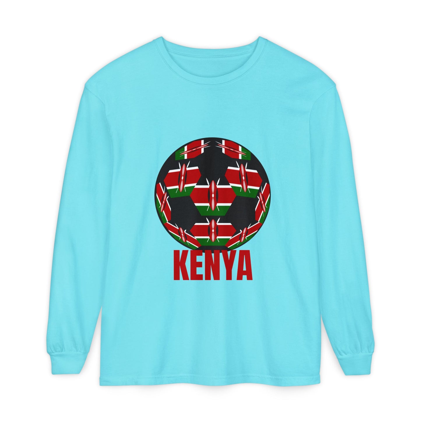 Kenya Fan Specialty Soccer Ball Design T Shirt Long Sleeve Red Text