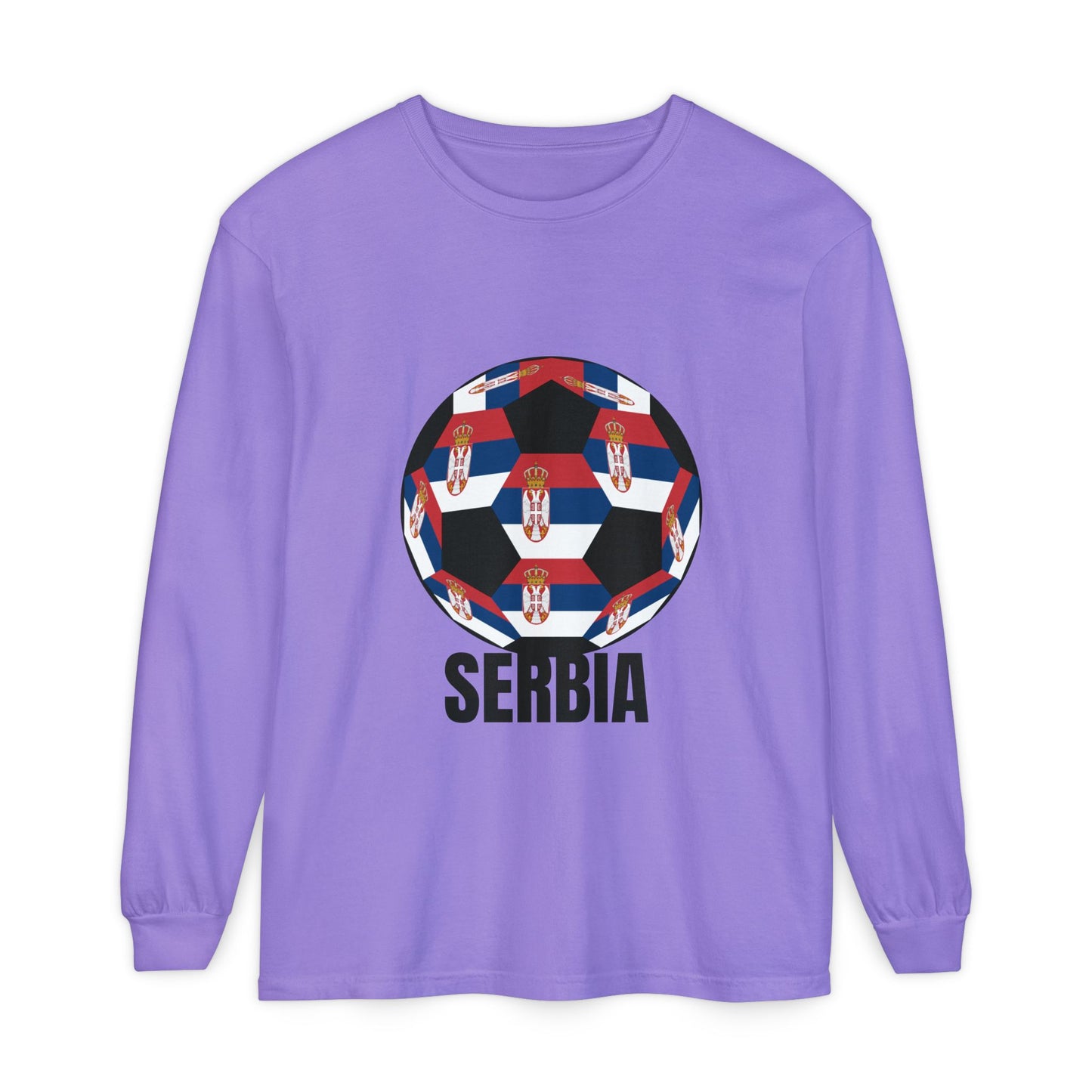 Serbia Fan Specialty Soccer Ball Design T Shirt Long Sleeve Tee Black Print