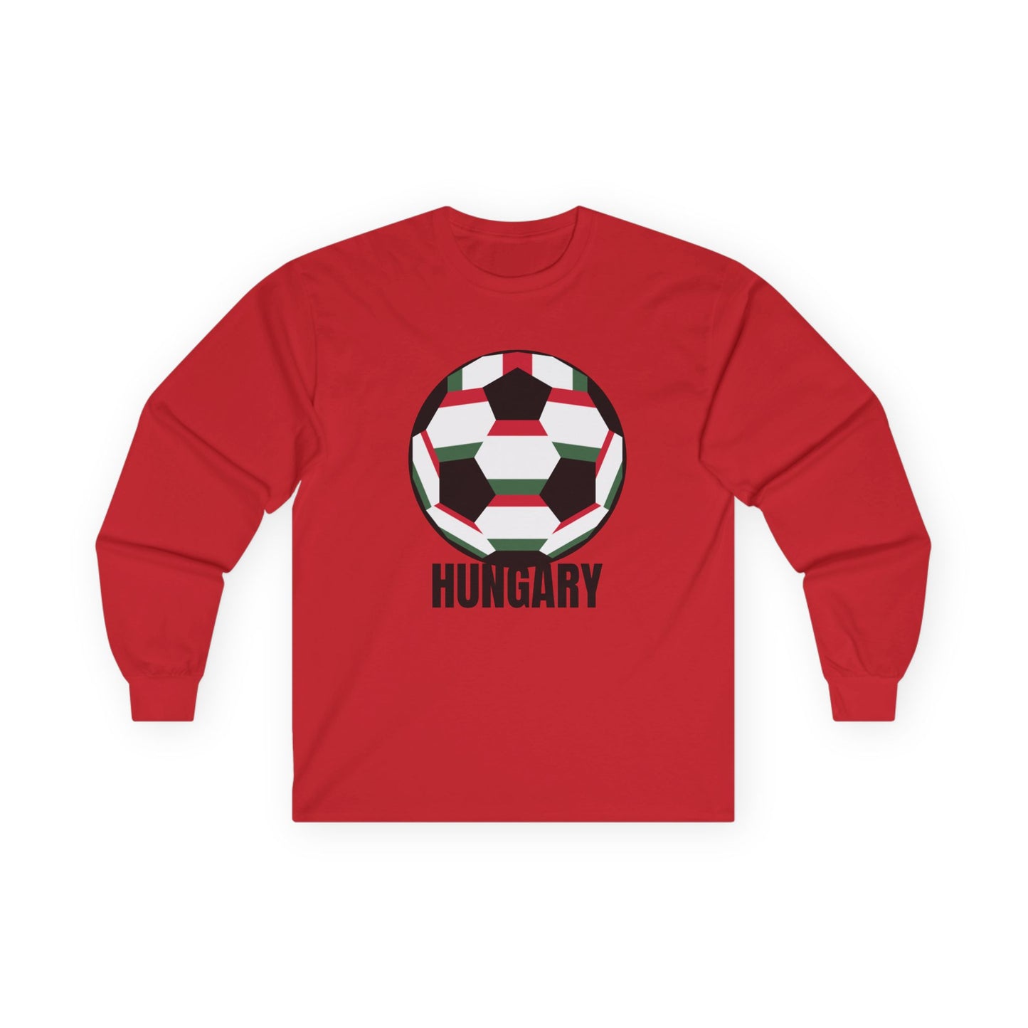 Hungary Fan Specialty Soccer Ball Design Long Sleeve T  Black Text