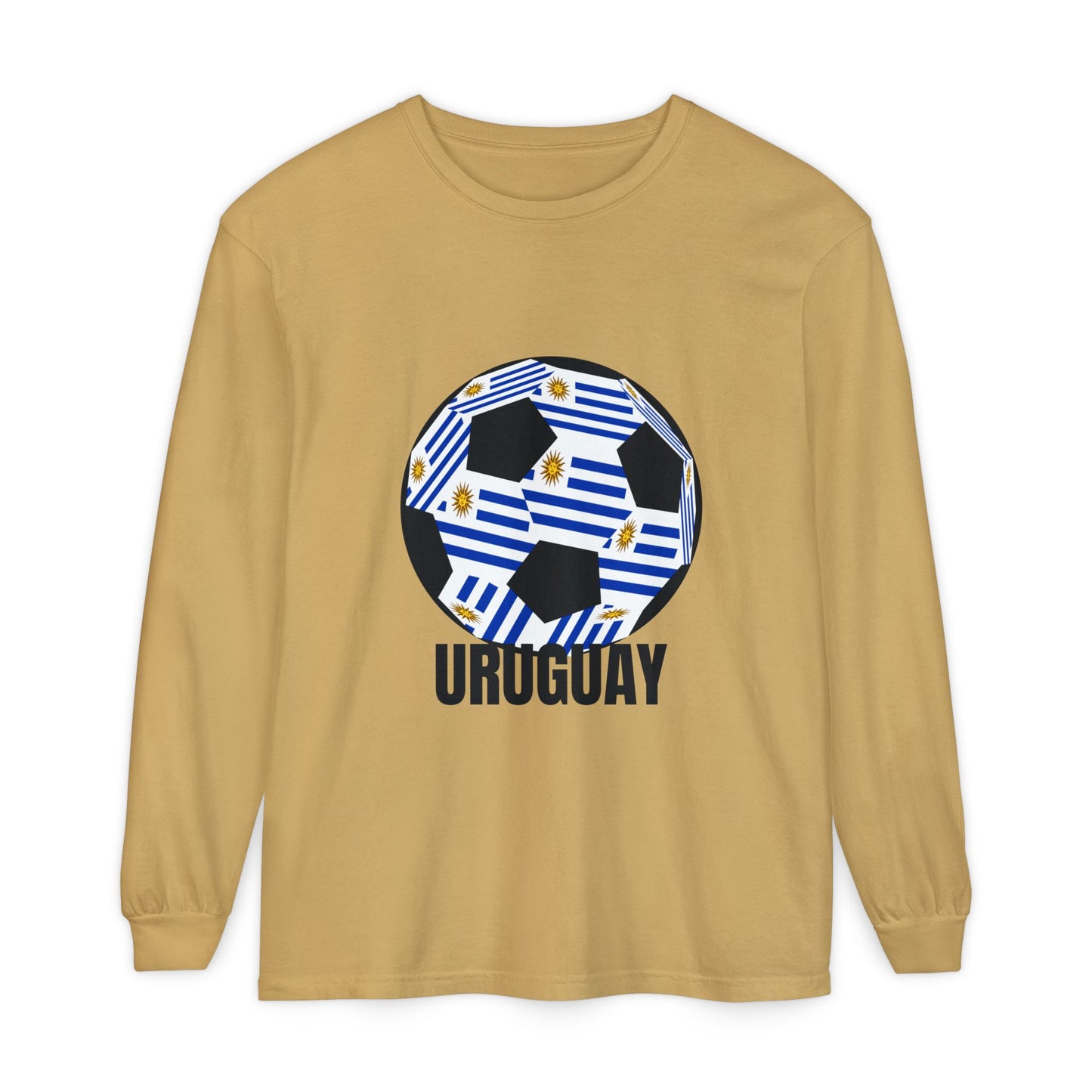 Uruguay Fan Specialty Soccer Ball Design Long Sleeve T-Shirt Black Text