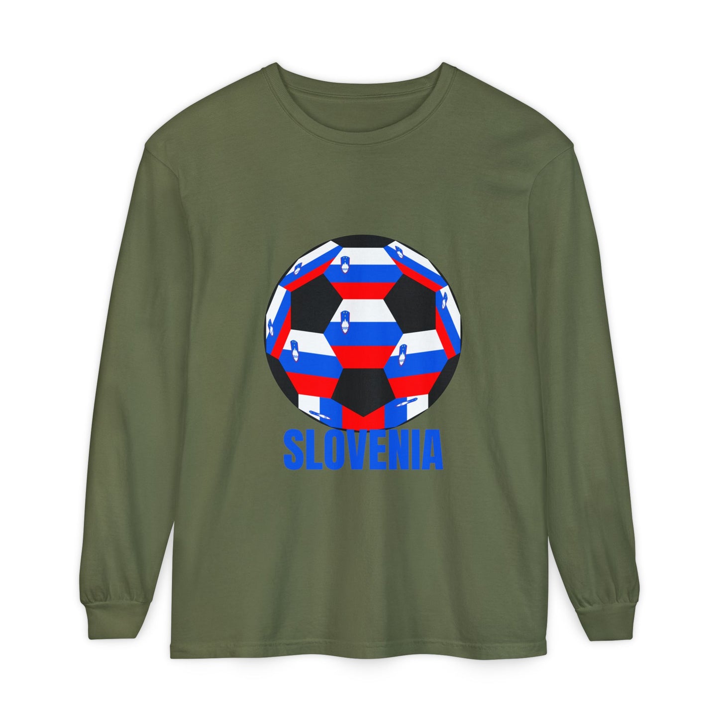 Slovenia Fan Specialty Soccer Ball Design Long Sleeve T-Shirt Blue Text