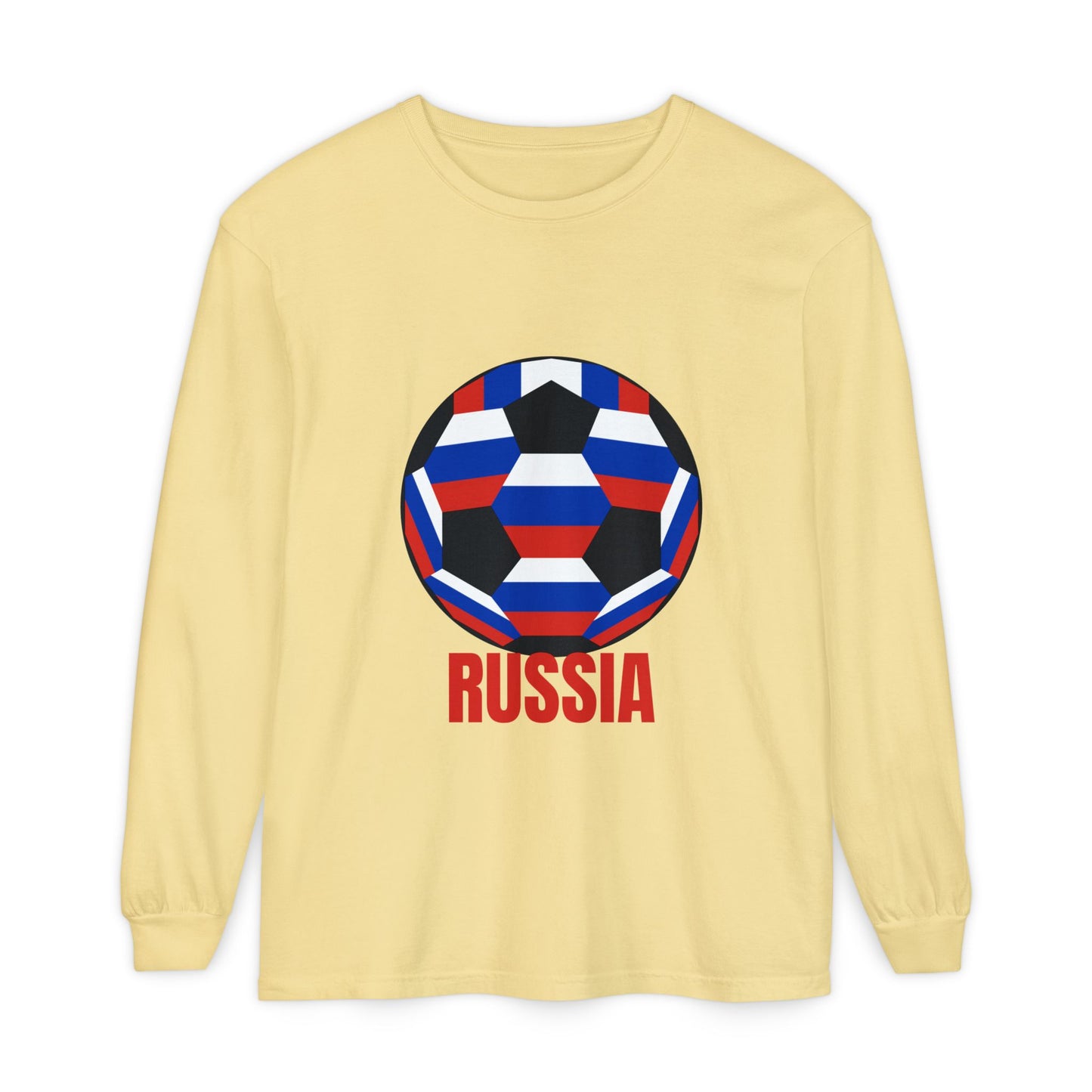 Russia Fan Specialty Soccer Ball Design T Shirt Long Sleeve T-Shirt Red Text