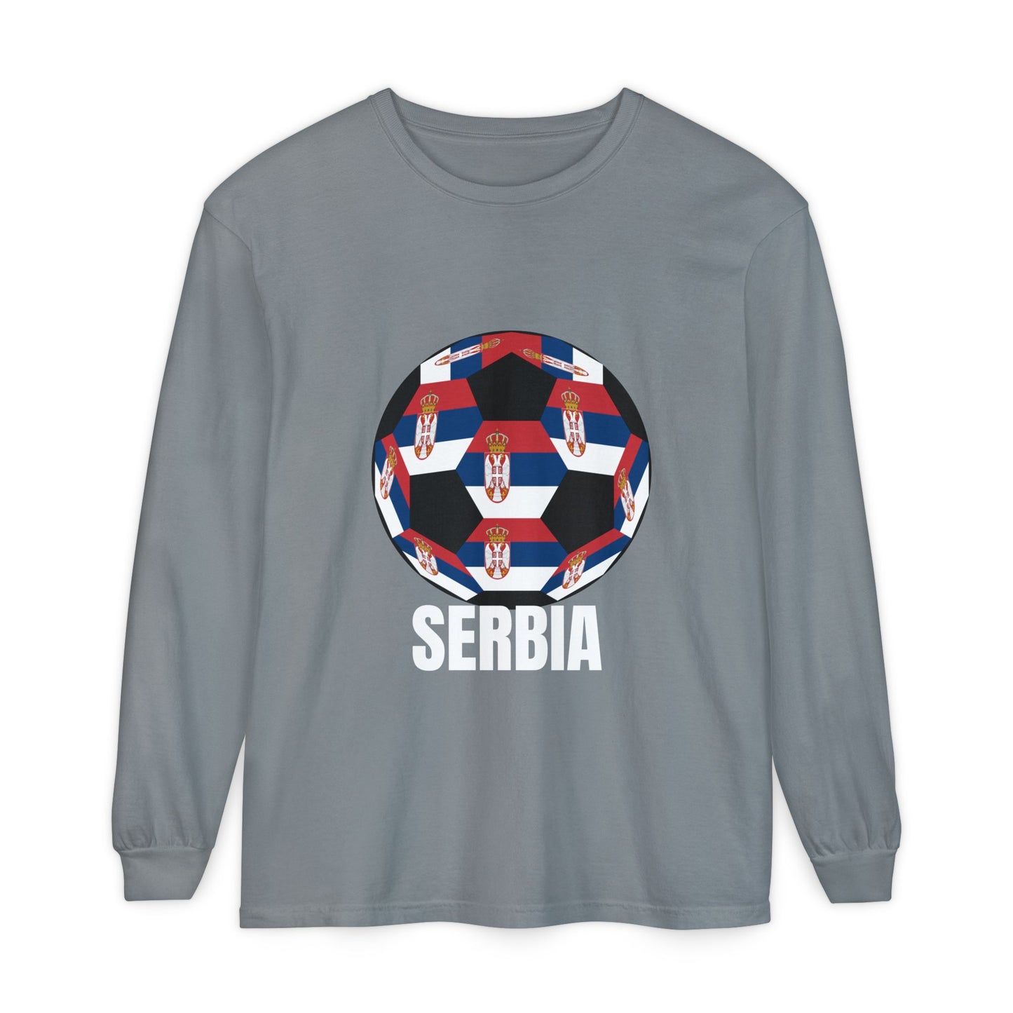 Serbia Fan Specialty Soccer Ball Design T Shirt Long Sleeve Tee White Text