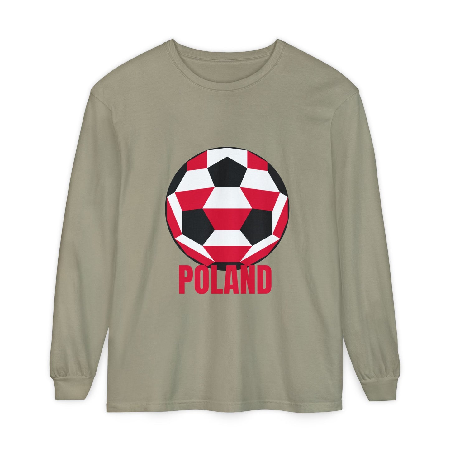 Poland Fan Specialty Soccer Ball Design T Shirt Long Sleeve T-Shirt Red Text