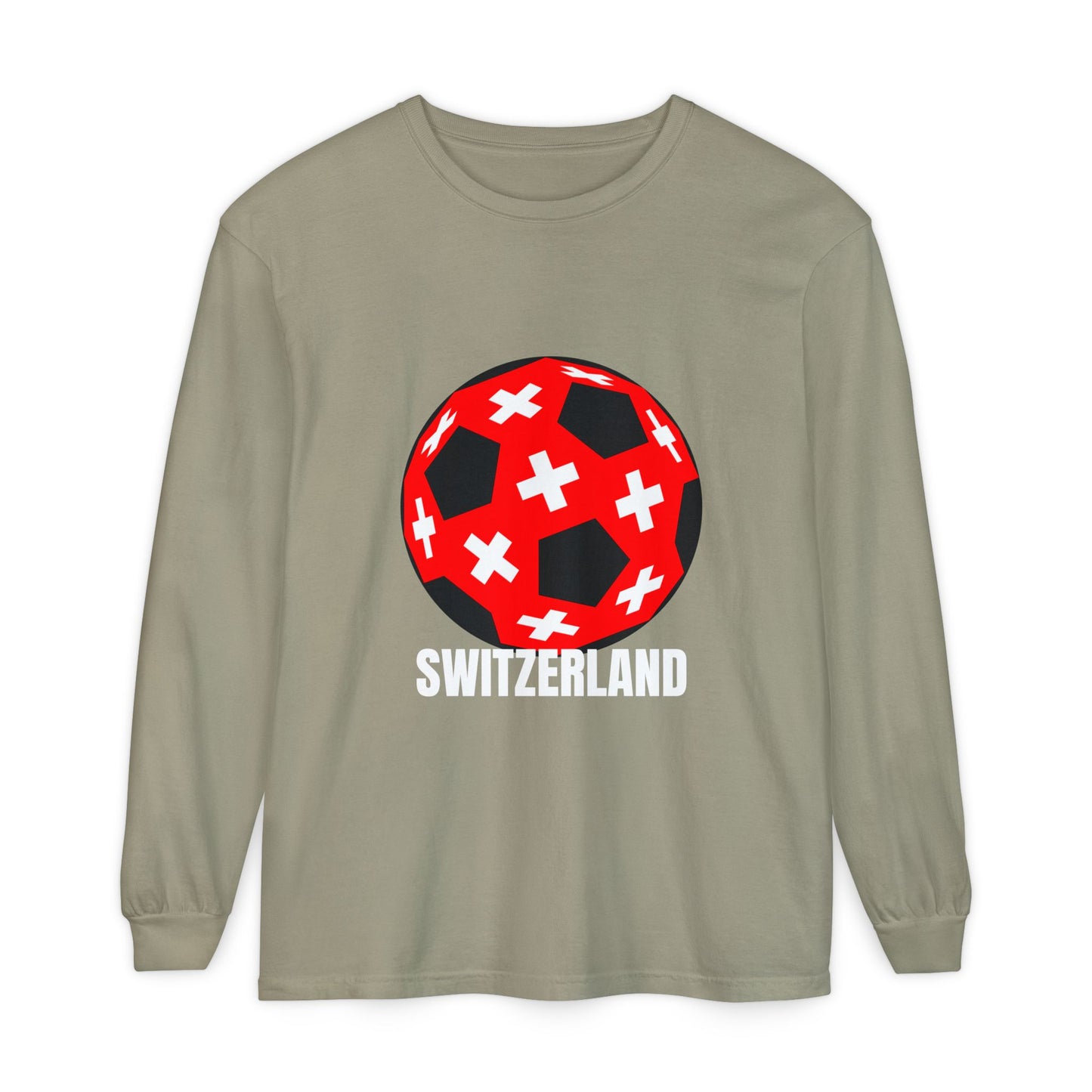 Switzerland Fan Specialty Soccer Ball Design T Shirt Long Sleeve Tee White Text